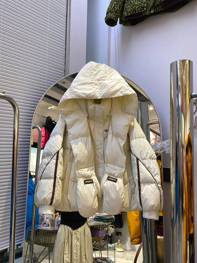 

2025 Autumn Winter Women Cropped White Duck Down Coat Female New Style Soild Color Hooded Warm Parkas Loose Outwear with gloves