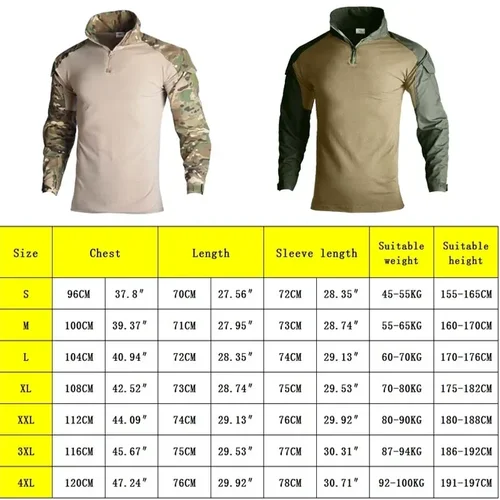 Imagen 2 del producto Camisas tácticas de manga larga para exteriores, camisa de combate con cremallera 1/4, camisetas de algodón Ripstop resistentes al desgaste de camuflaje Airsoft, ropa para hombre