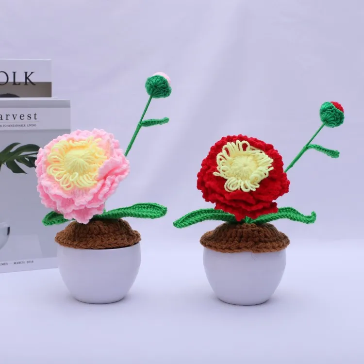 

Hand-crocheted Peony Potted Plant Simulation Green Plant Wool Flower Eternal Flower Holiday Gift