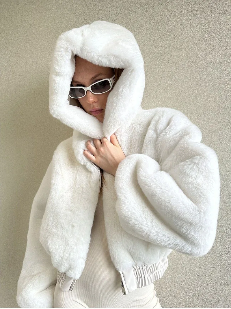 2024 Autumn Winter Women Fur Coat Short Hooded Cute Loose Fur Jacket Female