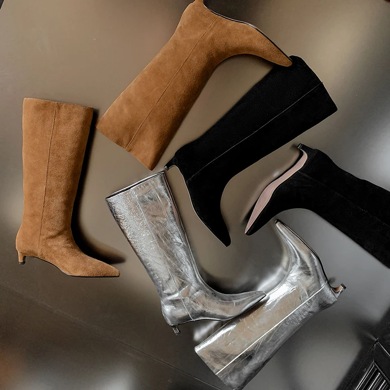 QUTAA 2027 Fashion Cow Suede Winter Women Knee High Boots Autumn High Heels Shoes Pointed Toe Pleated Dress Long Boots 34-41 view 5