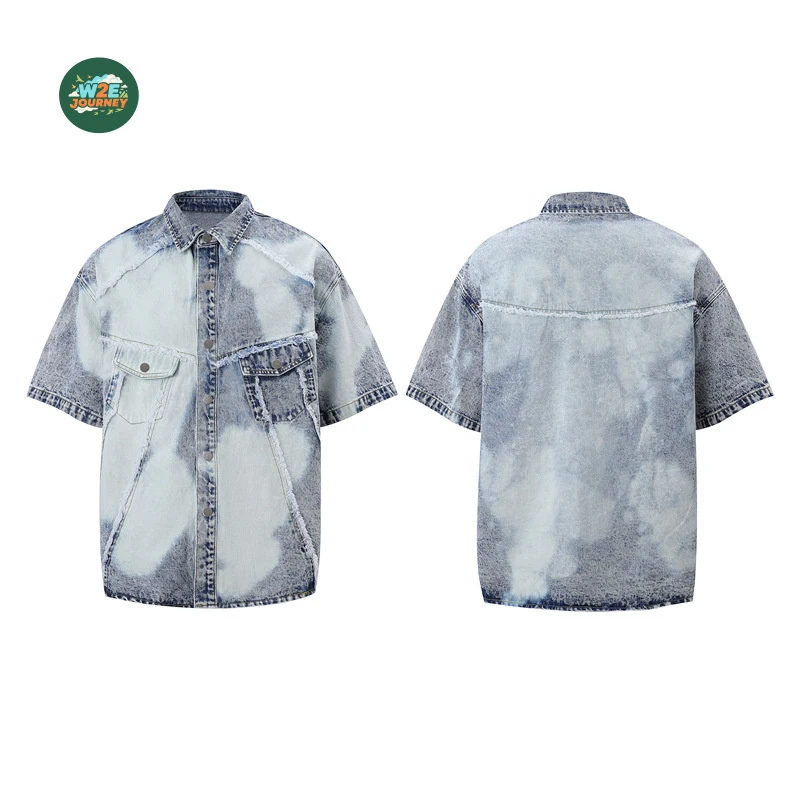 W2EJOURNEY Luxury Quality EU US Size Outdoor Wear  Washed Short-sleeve Denim Men Jean Shirt Jacket Shorts Set view 2