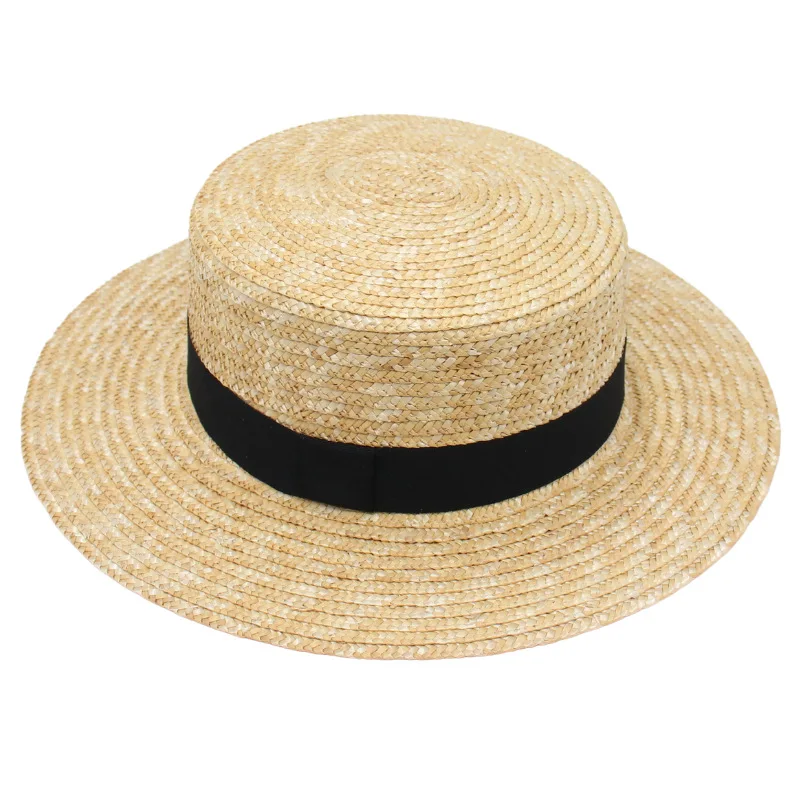 

French Style Straw Sun Hat for Women – Spring Summer Flat Top Boater Hat with Ribbon, Woven Panama Beach Vacation Cap