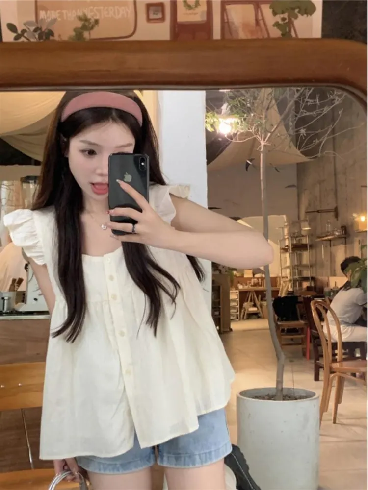 

Summer Fre Gentle Age-Reducing ort Loose Women's irt Comfortable Flng Sve Cute Doll Top Versatile Meat Concealing