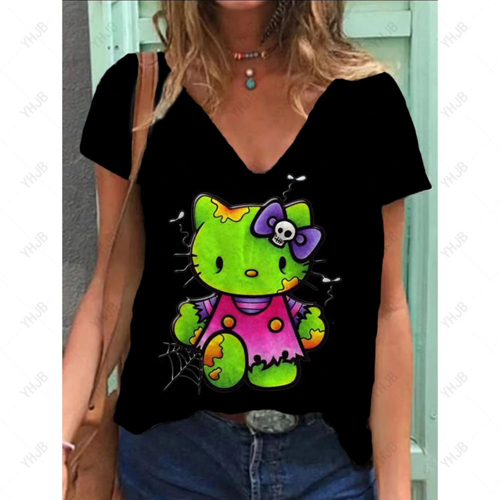 

Summer Hello Kitty Women's T-shirt Short Sleeved Pullover Women's Slim Fit Fashion Casual T-shirt Cutting Top Women's T-shirt