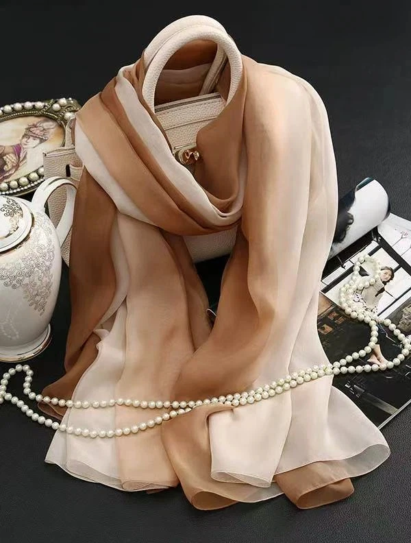 Women 100% Silk Gradient Brown Beige Long Scarf Airy Shoulder Shawl Soft Color Block Neck Wrap Original Brand Neck Scarves