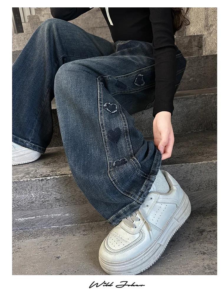 ZOETOPKID Herbst Teenager Mädchen Herz Jeans Mode Retro Weites Bein Gerade Denim Hosen Kinder Casual Streetwear Jeans Hosen – Detail 3