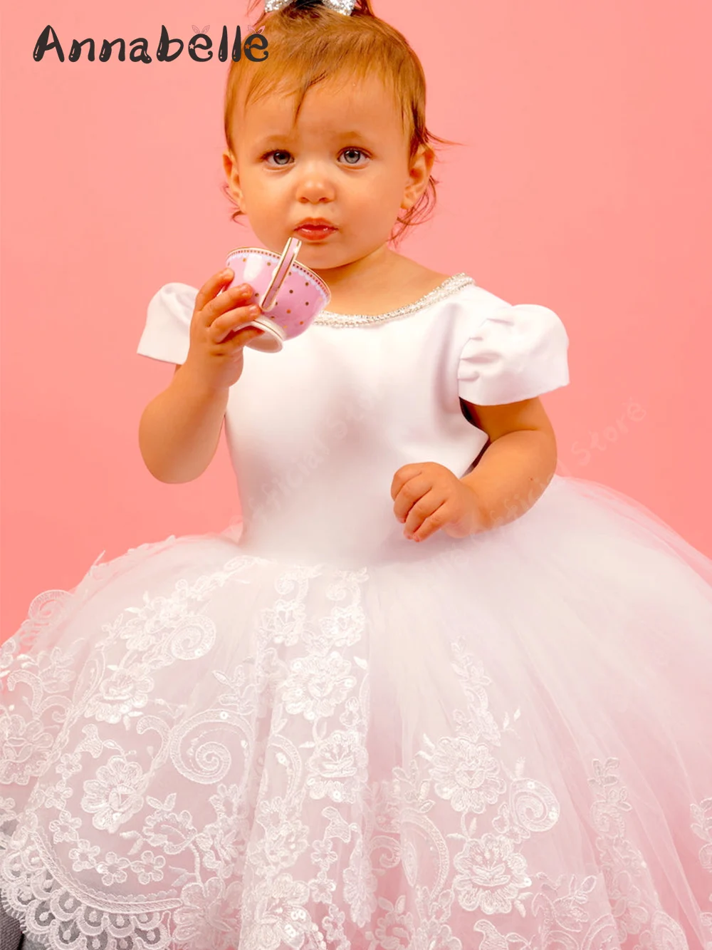 

Annabelle Girl Ceremony Dress Pearl Rhinestone Decorative Neckline Flower Girl Dresses Summer Priness Performance Dress