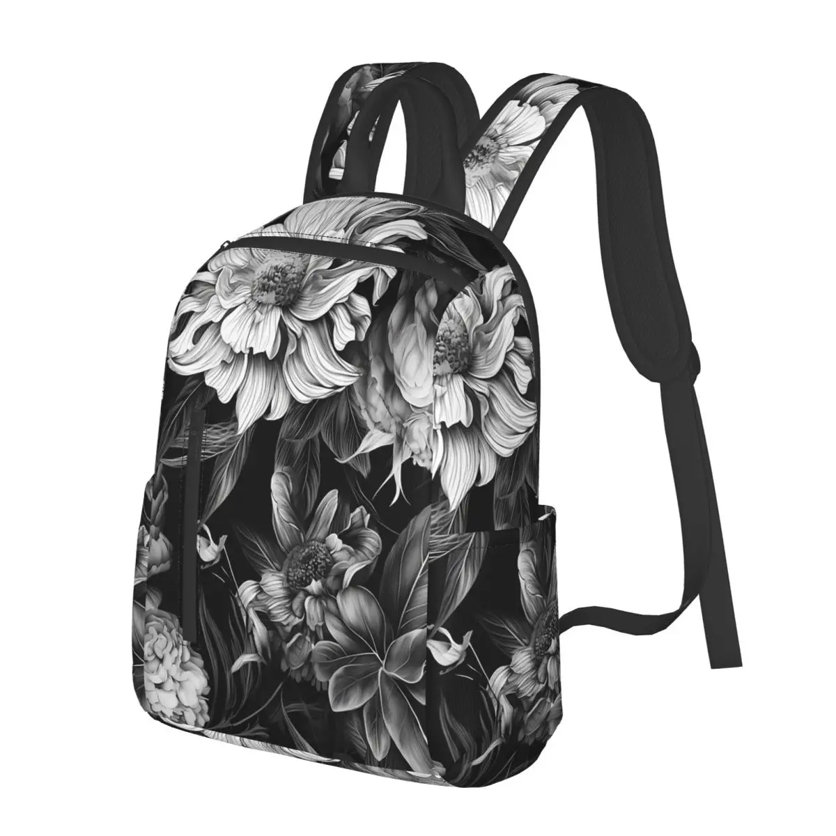 

Vintage Black White Peony Flowers Student Backpack School Bag Hiking Travel Daypack for Men Women Bookbag Shoulder Bags