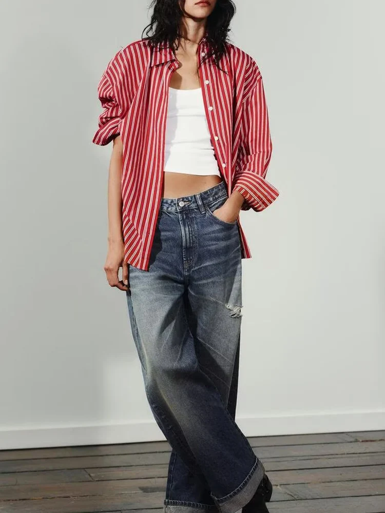 

European and American style autumn new fashion casual women's clothing versatile long-sleeved striped commuter loose shirt