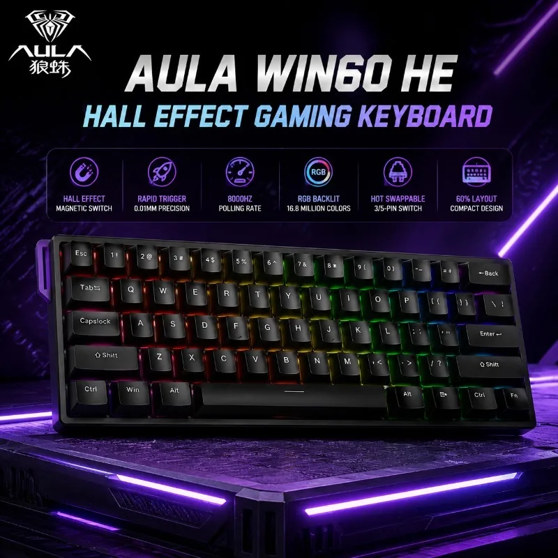 Teclado Gamer AULA WIN60 HE com Switches Magnéticos Hall Effect, Rapid Trigger, Taxa de Polling de 8000Hz, Retroiluminação RGB, Hot Swappable e Compac