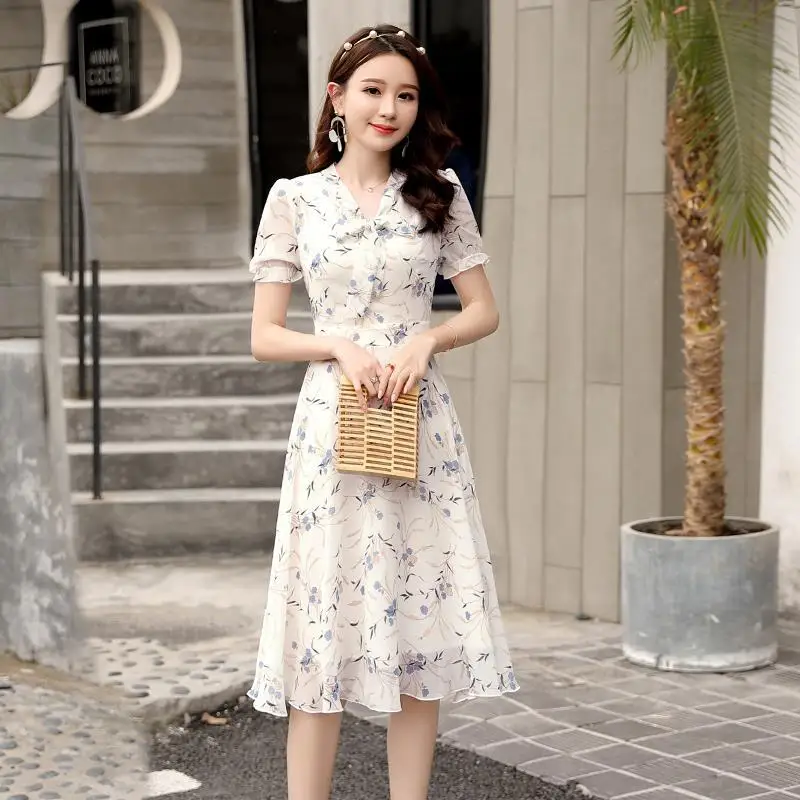 Chiffon Elegant Casual V-neck Short Sleeve Empire Summer New Fashion Slim Sweet Popular Graceful Print Female Clothing 2022