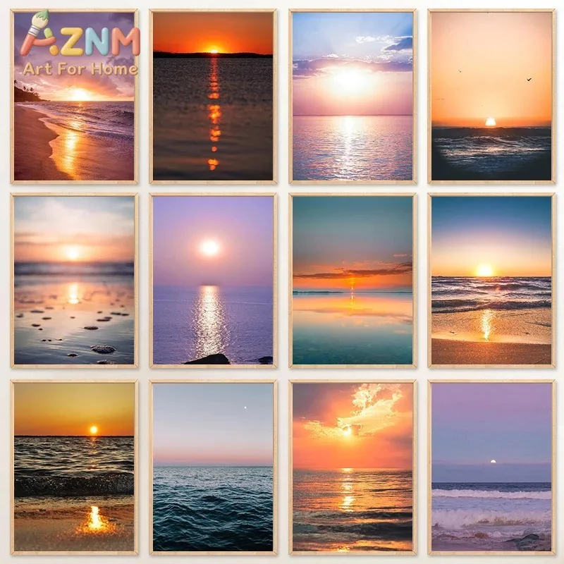 AZNM Ocean Sunset Beach Canvas Wall Art Sea Wave Glowing Sun Nature Scenery Picture Unframed Canvas Home Decor Painting