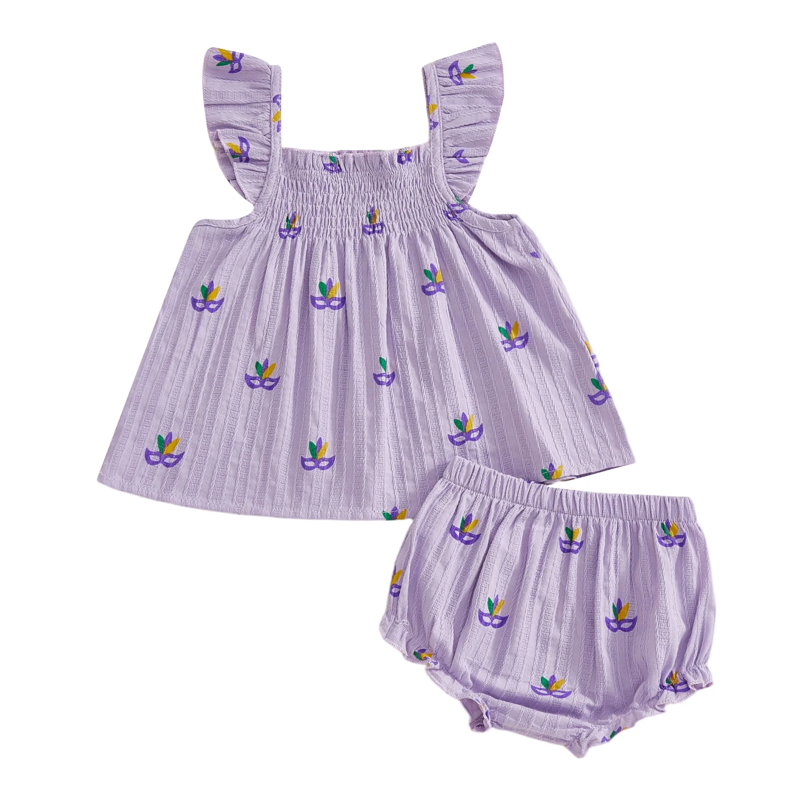 

Baby Girls Clothing Set Fashionable Mardi Gras Facewear Printed Flying Sleeve Smocked Tops with Ruffle Shorts 2Pcs Outfit