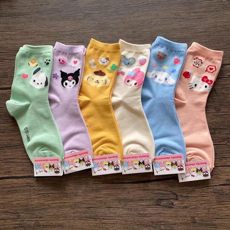 

5Pcs/set Sanrio Female Cotton Socks Cartoon Cinnamoroll My Melody Kuromi Girls Socks Student Mid-tube Non-slip Socks Girl Gift