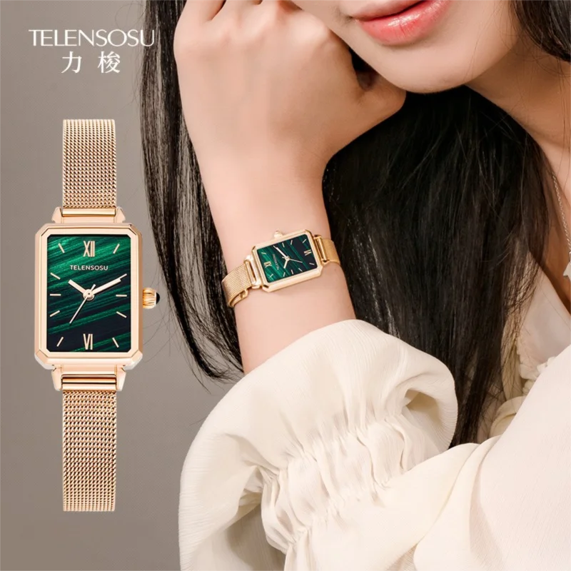 

TELENSOSU Women's Quartz Watch Luxury Sugar Cube Malachite Dial Stainless Steel Strap Fashion Luxury Gift Women's Watch 8820