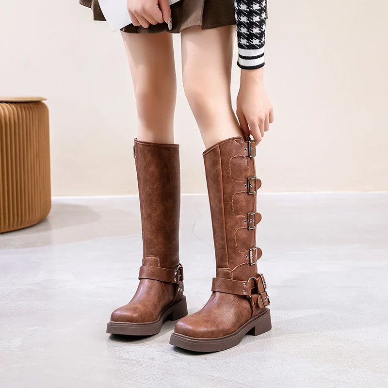 

Genuine Leather High-Tube Boots Women's Retro Over-Knee Brown Knight Boots Western Cowboy Boots round Toe Thick Heel