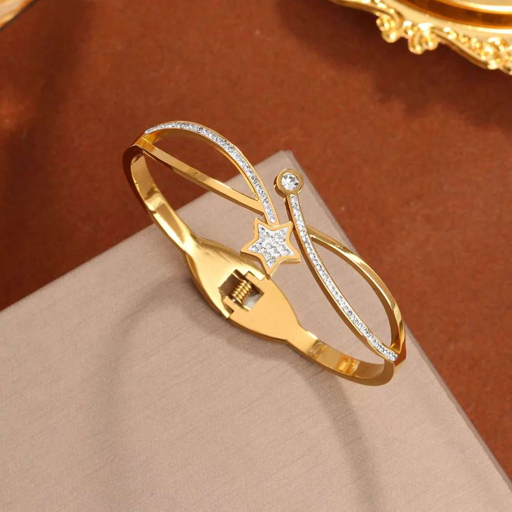 

Rhinestone Star Bracelet Gold Rose Gold Shiny Zircon Stainless Steel Bracelet Wedding Jewelry New Year's Gift Direct Selling