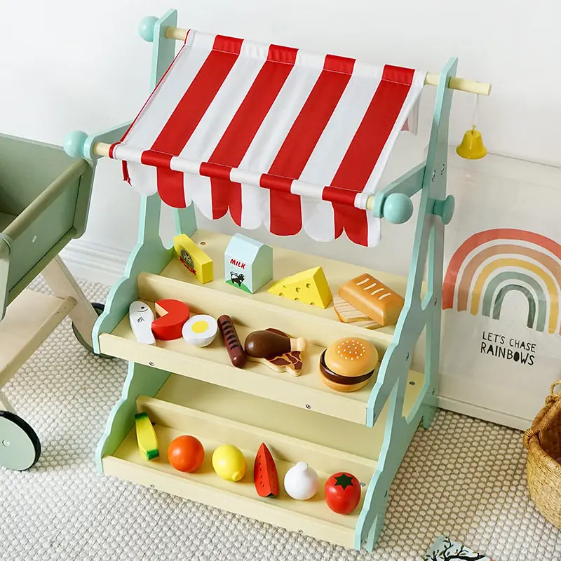 Cart shop Wooden kindergarten Fruit and vegetable commissary Children's grocery store Playing house Wooden simulation shelf toys