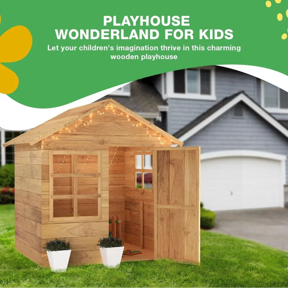 Wooden Playhouse with Floor, Working Door, Windows and Wooden Floor, Large Indoor Outdoor Playset for Kids