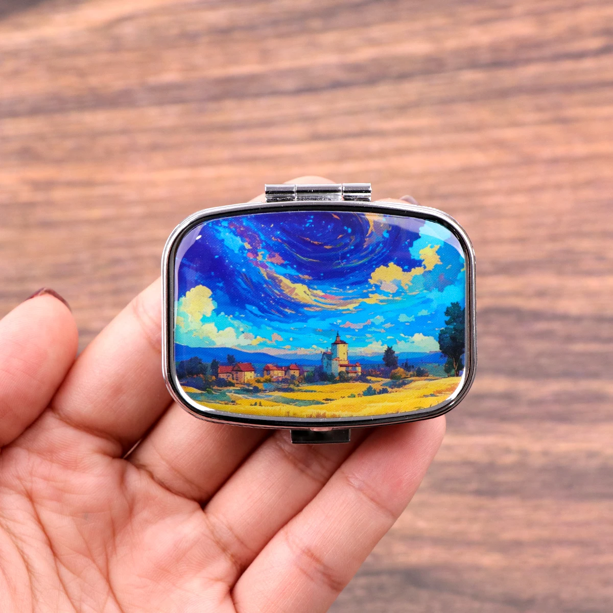 Oil Painting Metal Medicine Box with 2 Compartments Portable Travel Sealed Small Pill Organizer Container Storage