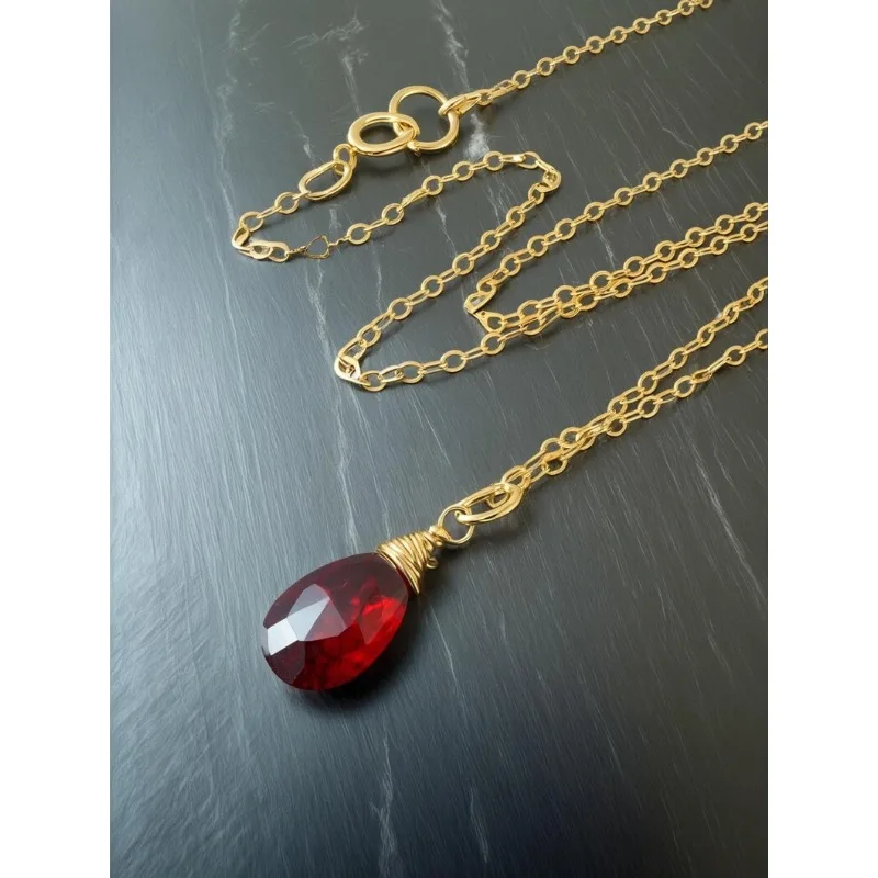 Garnet necklace: Burgundy gemstone, 14k gold-plated, January birthstone