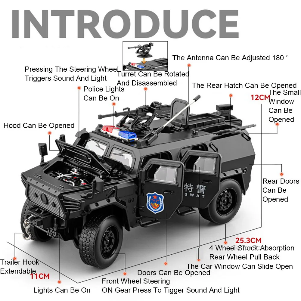 1:20 Alloy Dongfeng Mengshi Armored Vehicle Diecast Car Toys Models Doors Opened Sound Light Pull Back Police Cars Friend's Gift