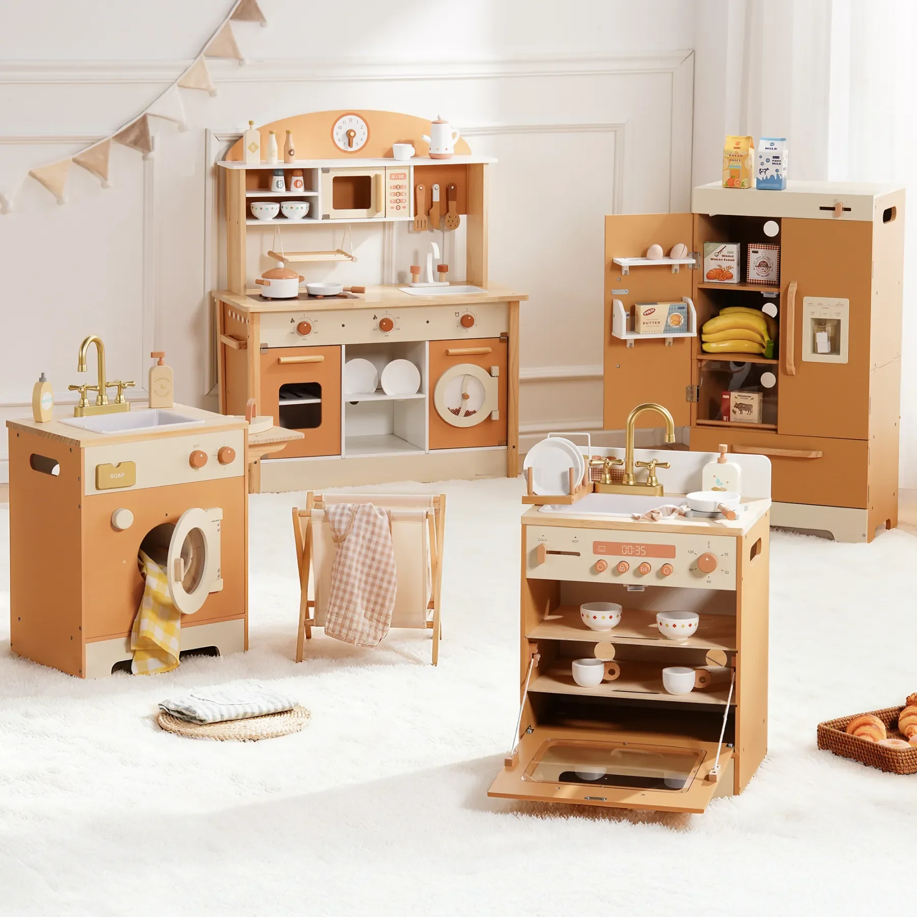 Wooden Play Kitchen Set for Kids with Dishwasher