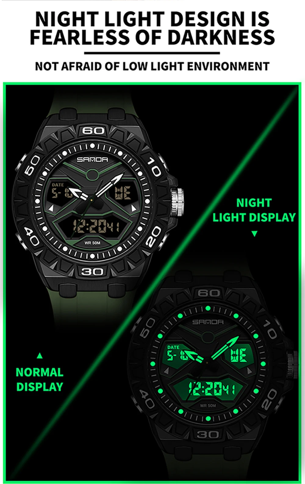 SANDA جديد 3198 ساعة إلكترونية للرجال النسخة الكورية شاشة مزدوجة رياضية متعددة الوظائف مقاوم للماء ساعة إلكترونية للرجال 2025