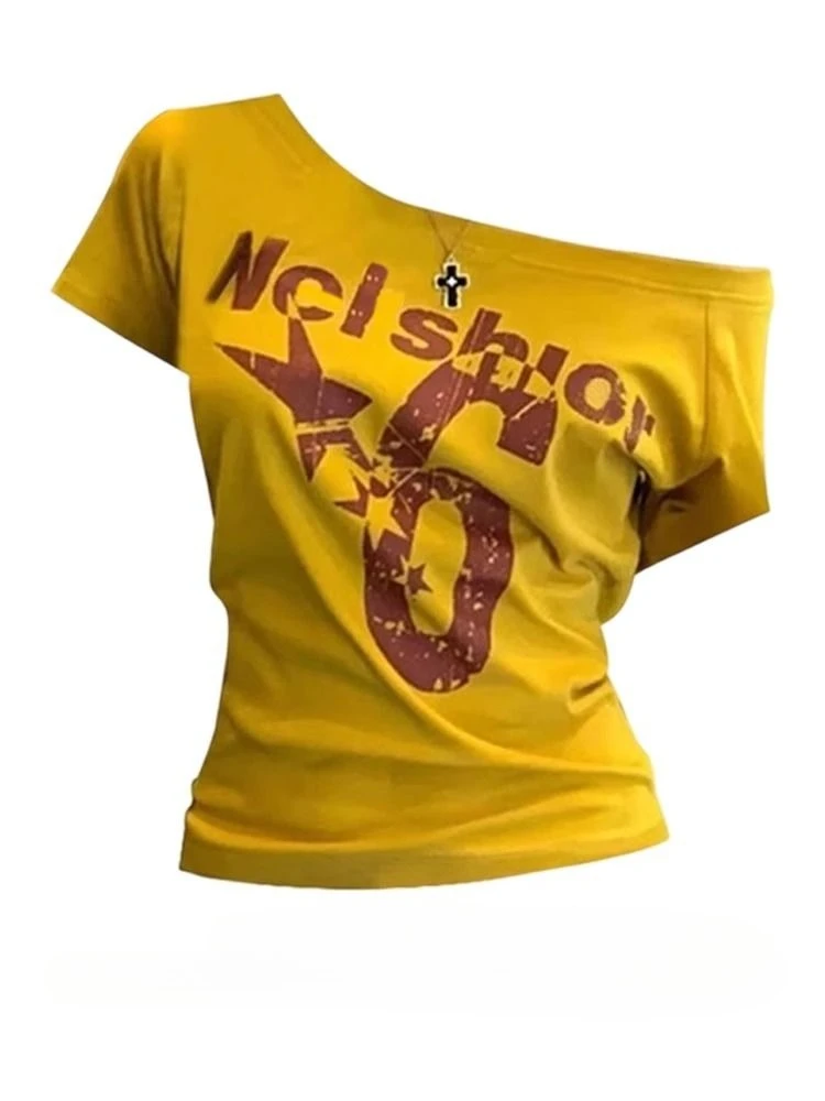 

Deeptown Vintage Sport Off Shoulder T-Shirts Women Y2k Sexy Letter Short Sleeve T-Shirt 2000s Basic Summer Casual Crop Tops