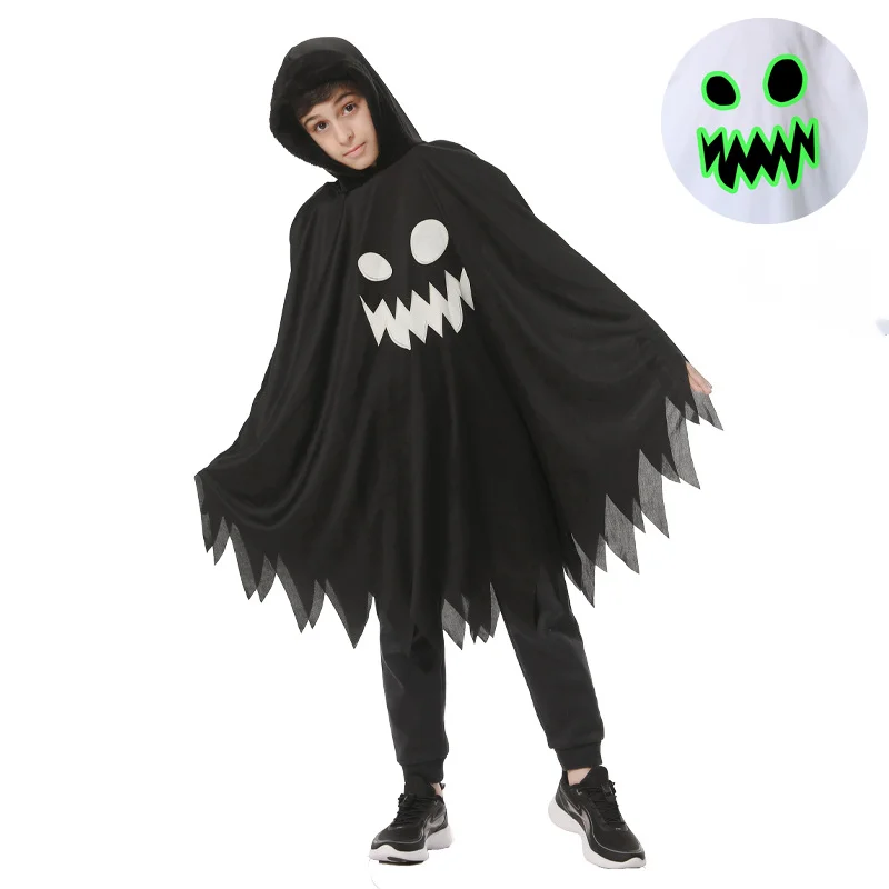 Halloween Kids Cosplay Costume White Black Luminous Ghost Luminous Face Cape Shawl Party Dress-Up Costume Boys Cape Girl Skirt