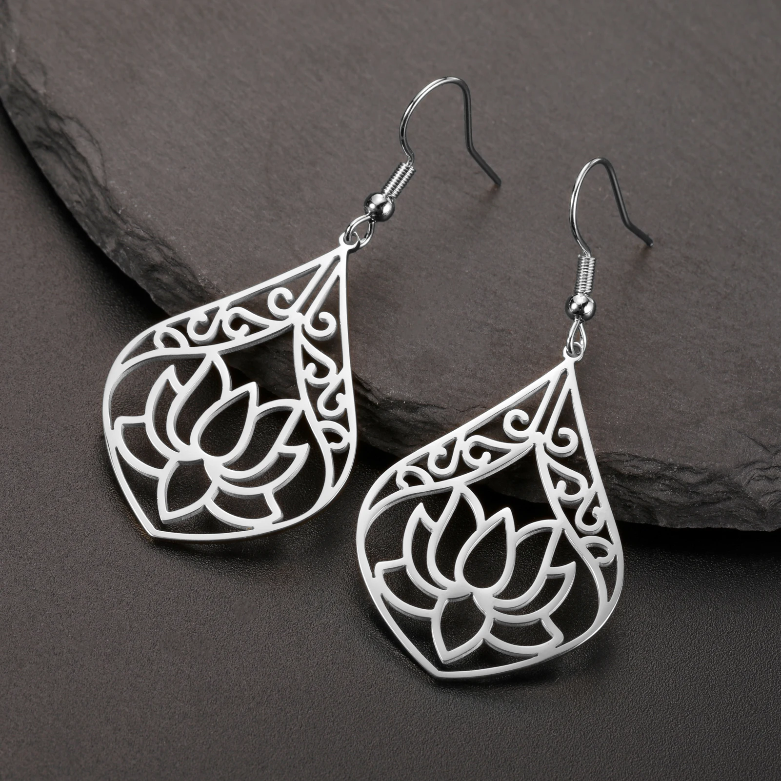 COOLTIME Lotus Flower Earrings Stainless Steel Drop Dangle Women's Earring Yoga Buddhism Jewelry Gifts Amulet Wholesale