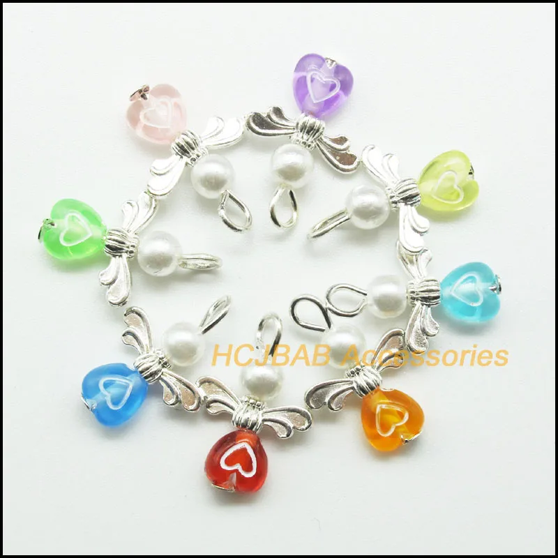 16Pcs Silver Plated Jelly Mixed Acrylic Tiny Heart Angel Charms Pendants 14x20mm