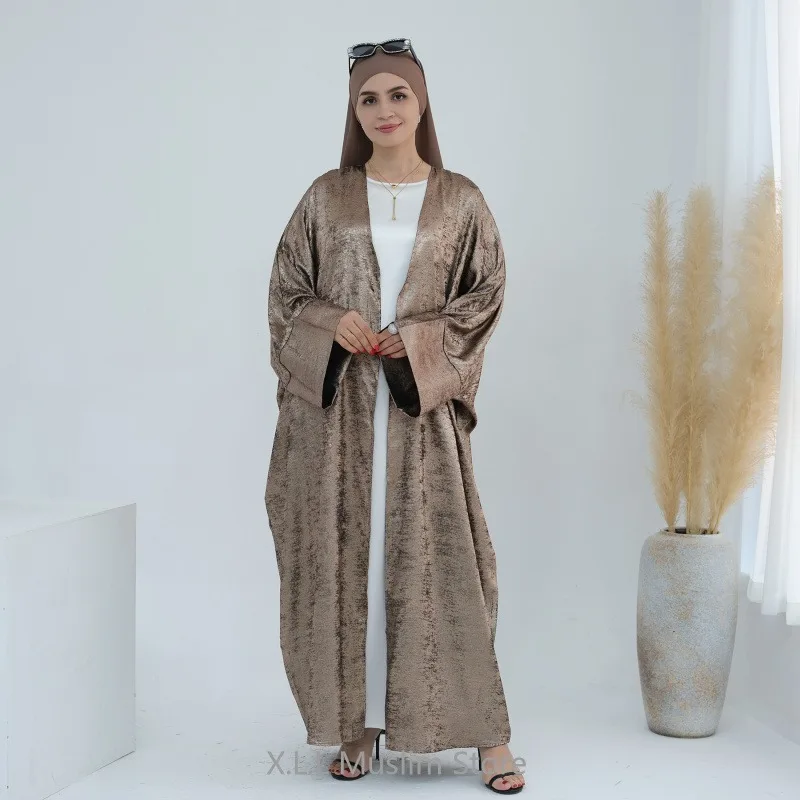 Eid Ramadán Kimono abierto satinado Abaya lujo Batwing Dubai Kaftan vestido musulmán modesto suelto Islam Kebaya ropa para mujer Bata