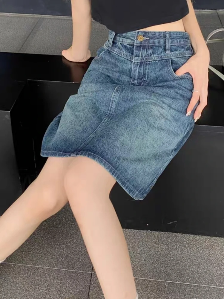 Denim Skirts Women Summer Vintage High Waist Casual A-line Knee-length Simple Fashion Slim Bleached Fit Elegant Streetwear Basic