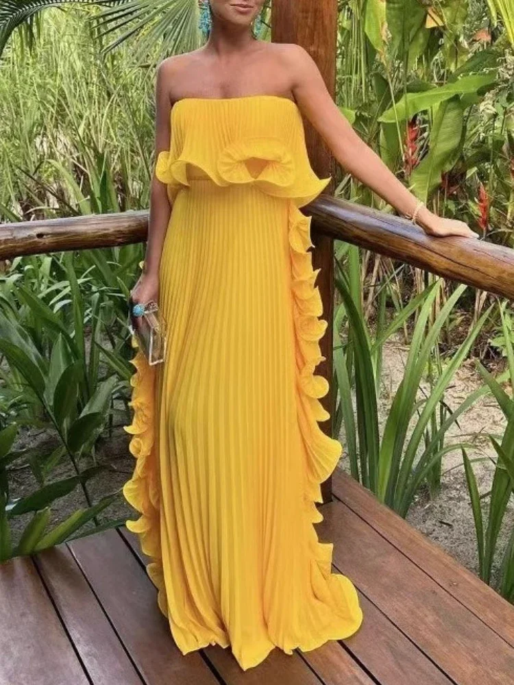 Summer Trendy Women Holiday Dress Orange Pleated Chiffon Long Formal Dresses Custom Made Ruffled Strapless Beach Party Dress - view 2