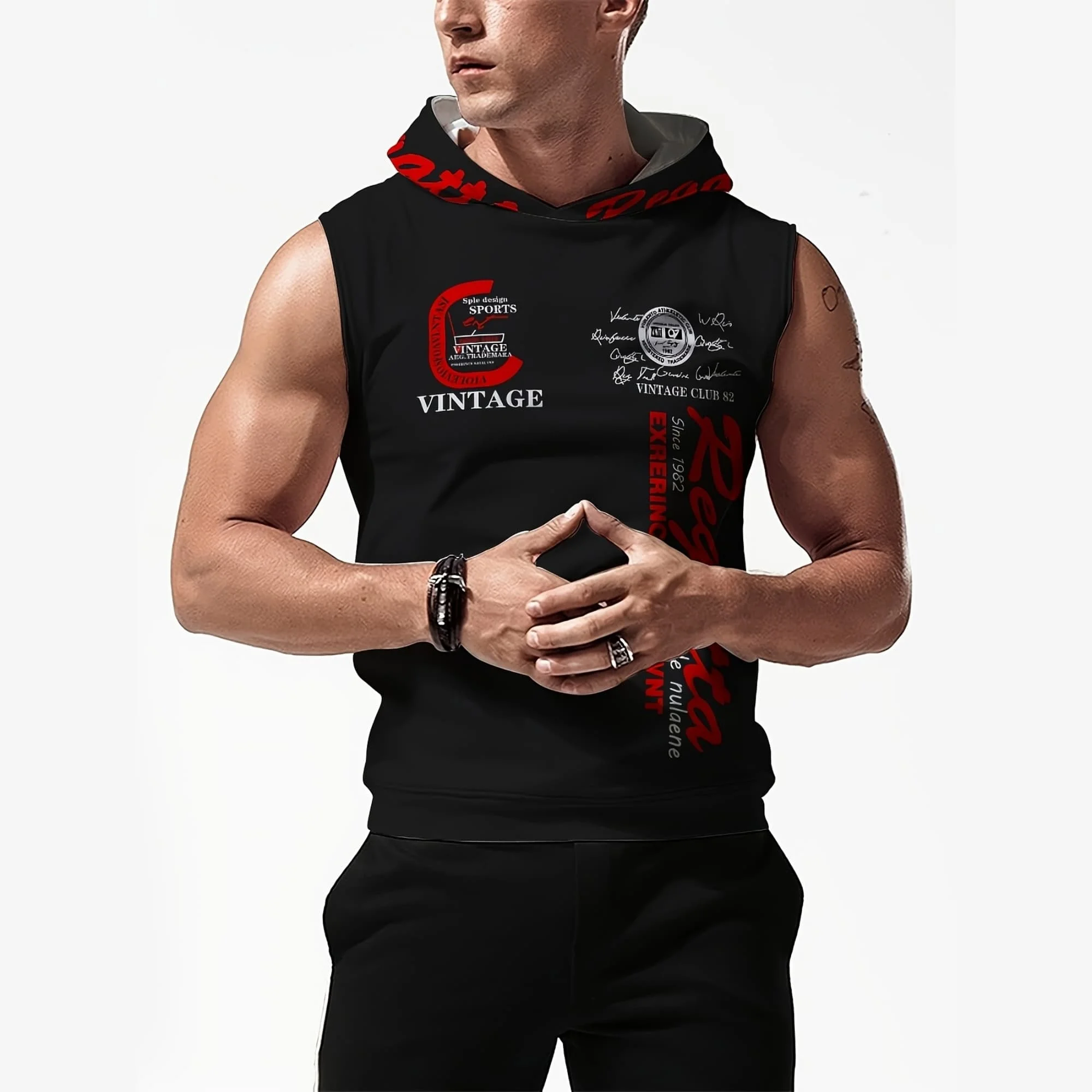 Men's Loose Hooded Tank Top with 3D Digital Letter Print,Quick-dry Breathable Sleeveless Hoodie for HikingWorkout Outdoor Sports