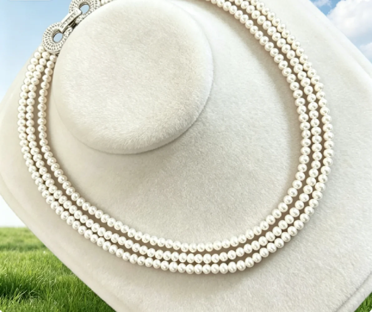 3-Row/Gorgeous AAAA 5-6mm Natural Japanese White Pearl Necklace 16-17-18in/925- Supports Customized Sizes