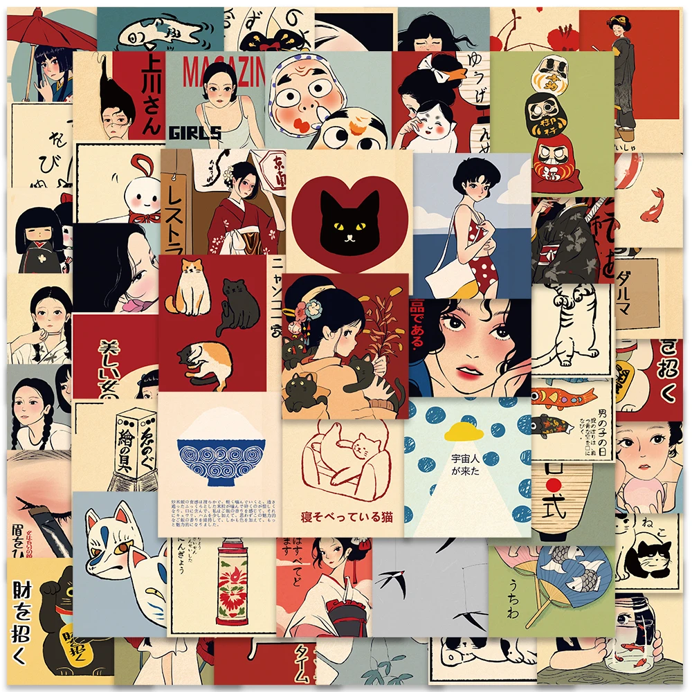 50pcs Classic Japanese Style Cartoon Culture Stickers For Laptop Water Bottle Luggage Notebook Waterproof Vinyl Decals