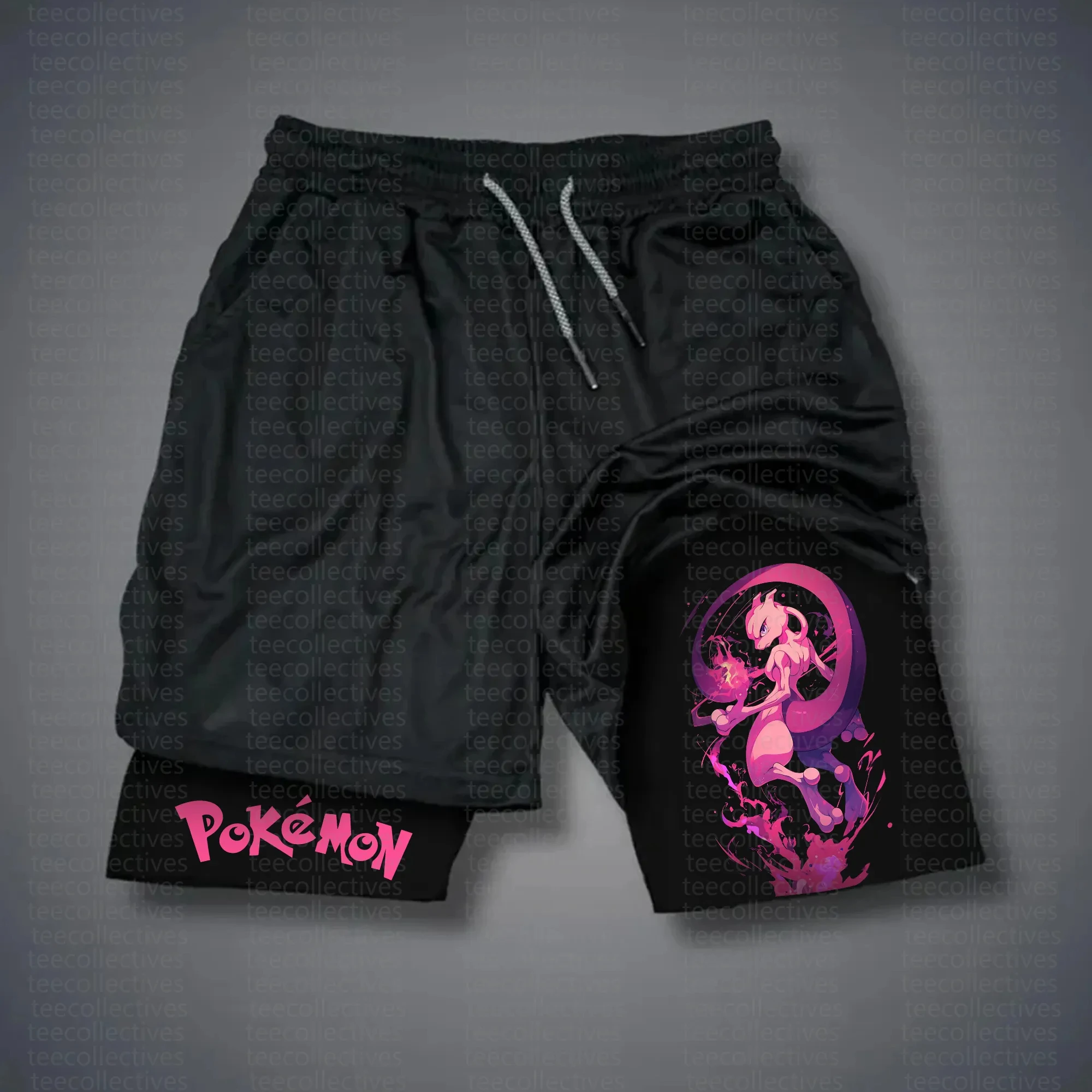 pokemon-mewtwo-preto-shorts-das-mulheres-dos-homens-2025-primavera-outono-anime-calcas-psicanica-roxo-efeito-de-energia-logotipo-rosa-dos-desenhos-animados-japoneses