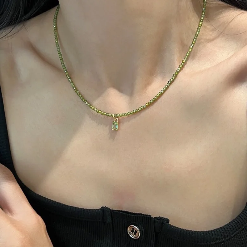 

ALLNEWME Popular Real Gold Plated Copper Rectangle CZ Zircon Green Color Crystal Glass Pendant Choker Necklaces for Women