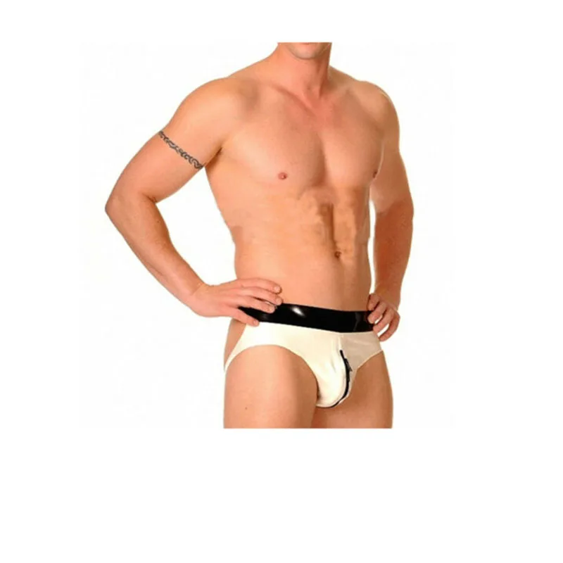 Handmade Men's White Latex Briefs Rubber Underwear Front Zip Gummi with Black Trim