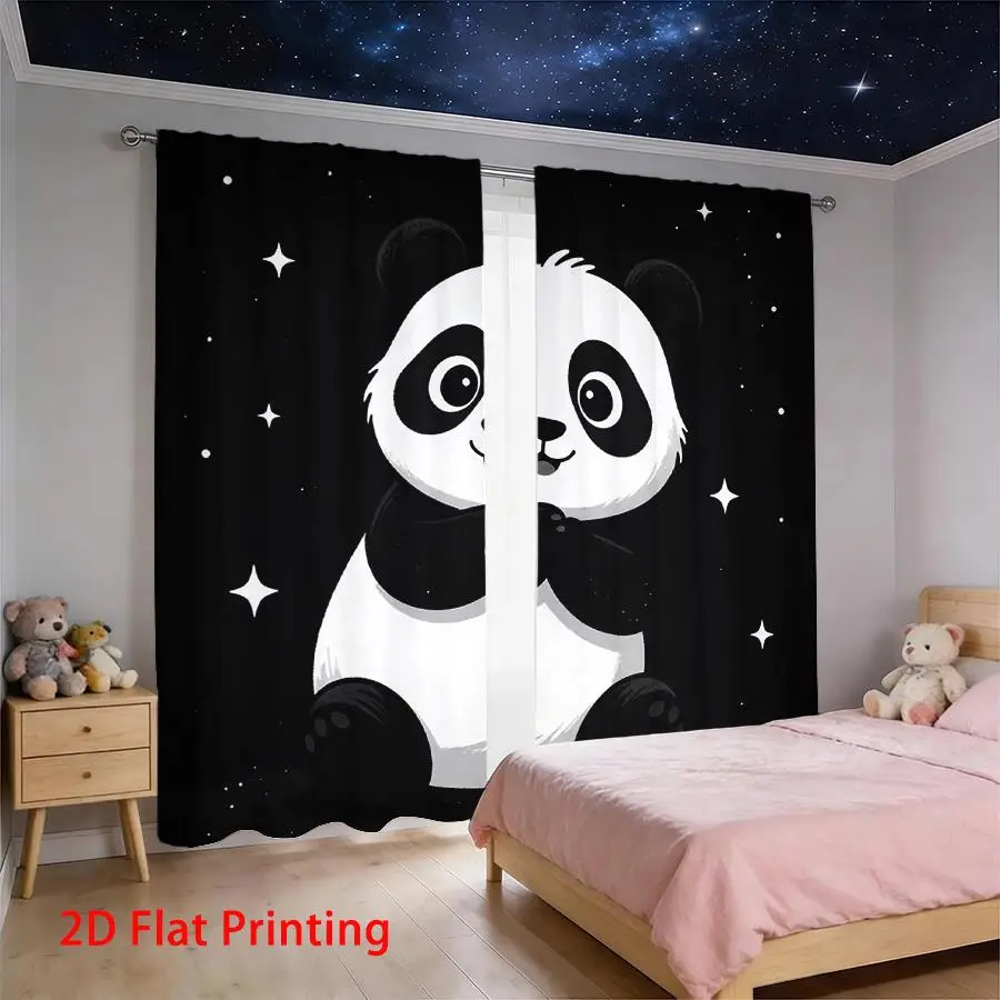 Cute Panda Couple Night Sky Curtain Black Background Fun Living Room Bedroom Window Decor Curtain