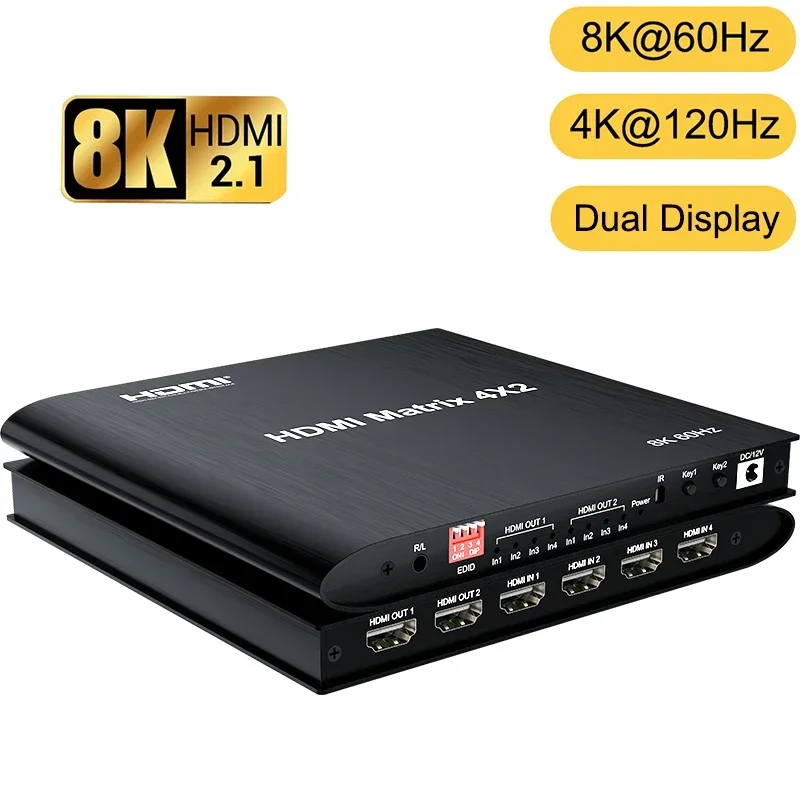

8K 60Hz HDMI Matrix 4x2 4 in 2 Out HDR Video Splitter Switcher Converter 4K 120Hz UHD for PS4 dvd Camera Laptop PC To TV Monitor
