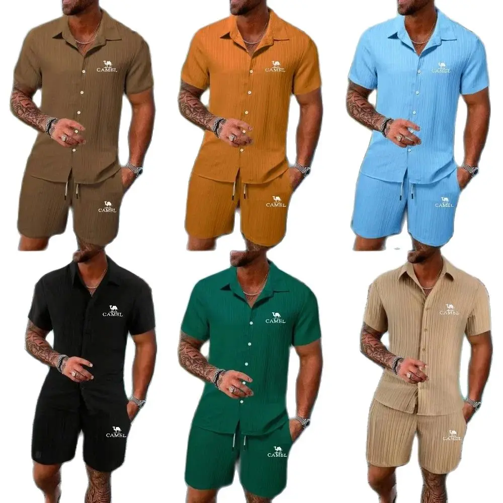 New High-end Embroidered CAMEL Cotton Linen Shirt Casual Short Sleeved Shorts Beach Set Summer Casual Fashion Outdoor Sports Set