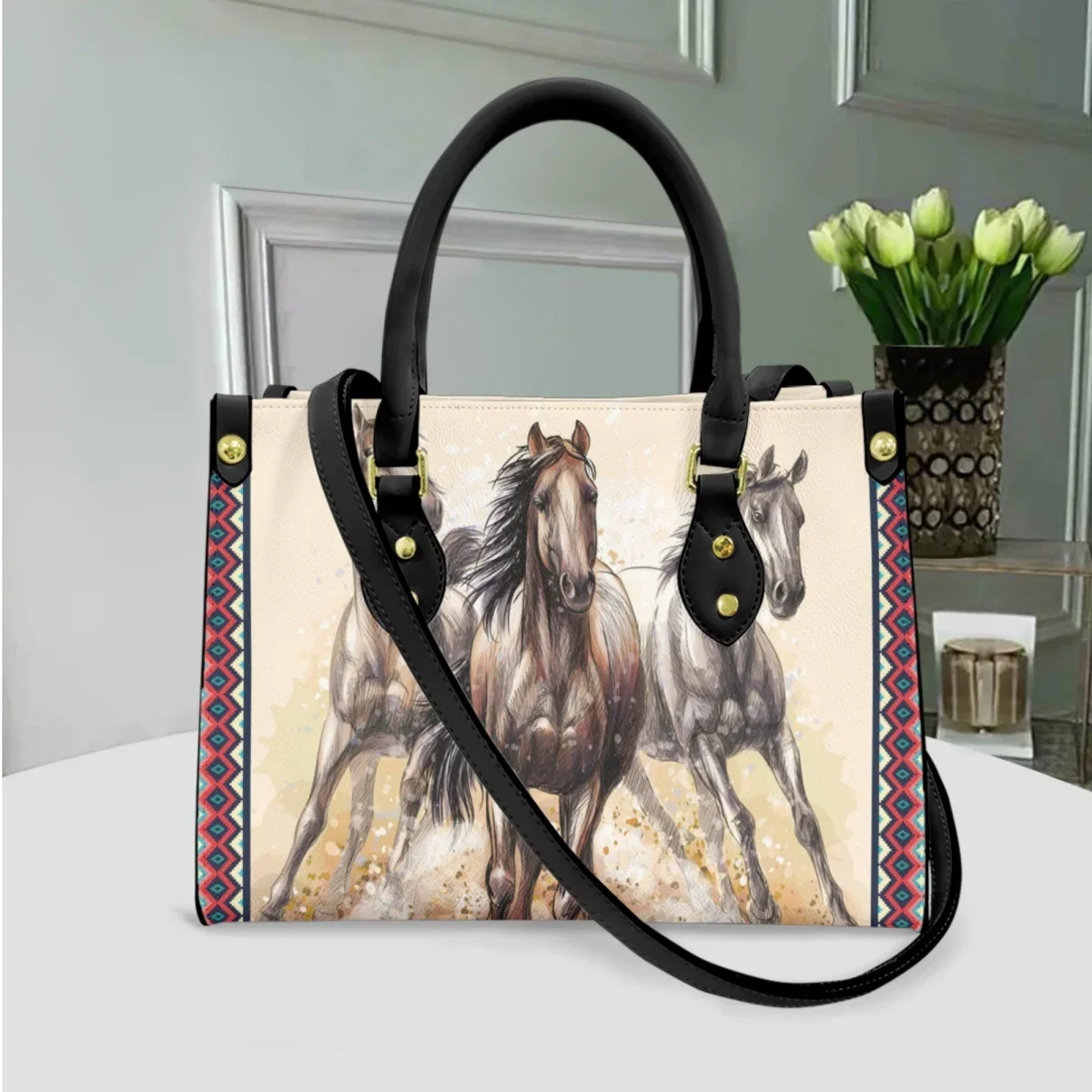 Tribal Horse Pattern Long Shoulder Strap Tote Top Handle Retro Casual Messenger Bags Folk Trend Ladies Shopping Cross Body Bags