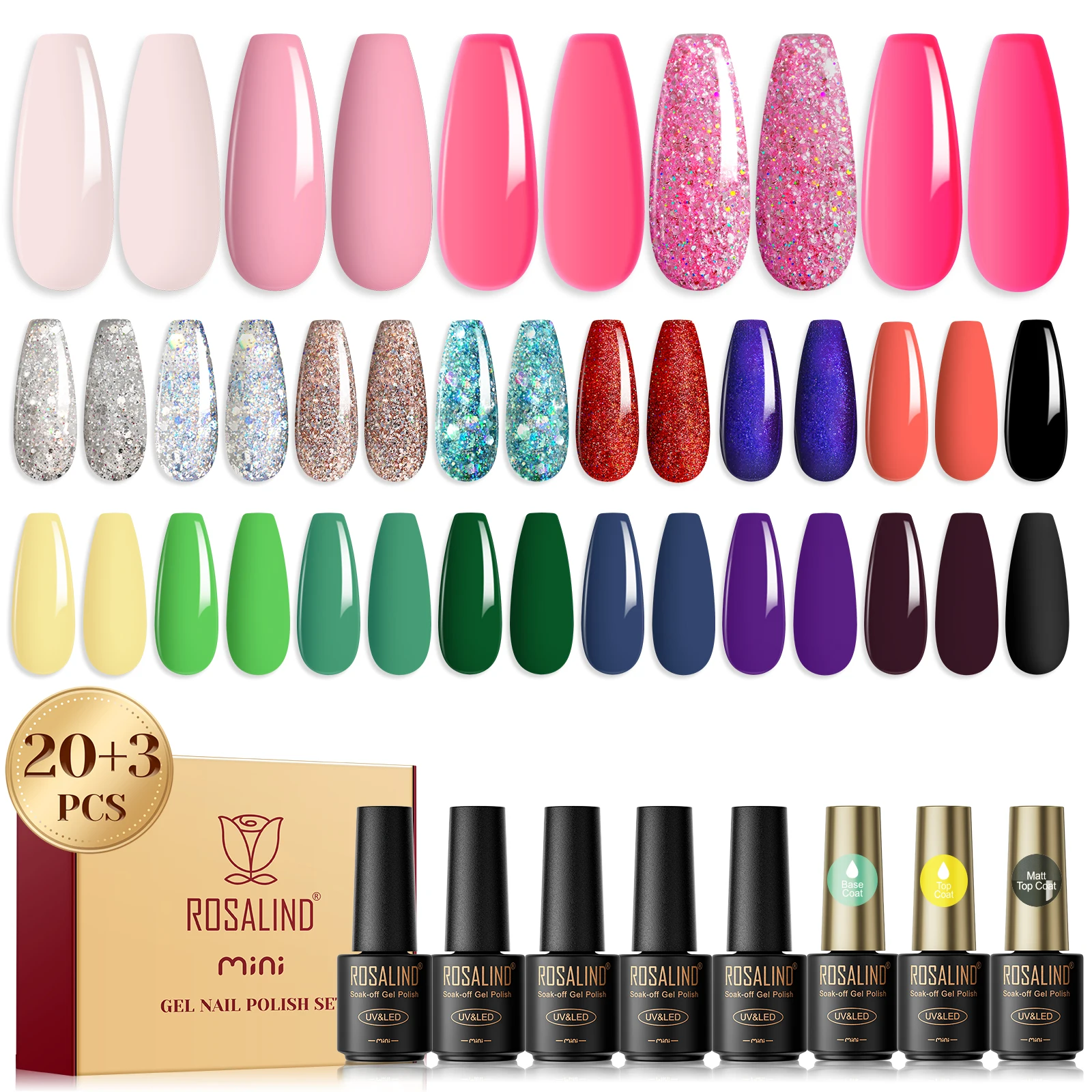 ROSALIND Nail Art Pure 20 Colors  Gel Nail Polish Set with Base Top Coat Set Soak Off Hybrid Semi Permanent Gel Varnishes