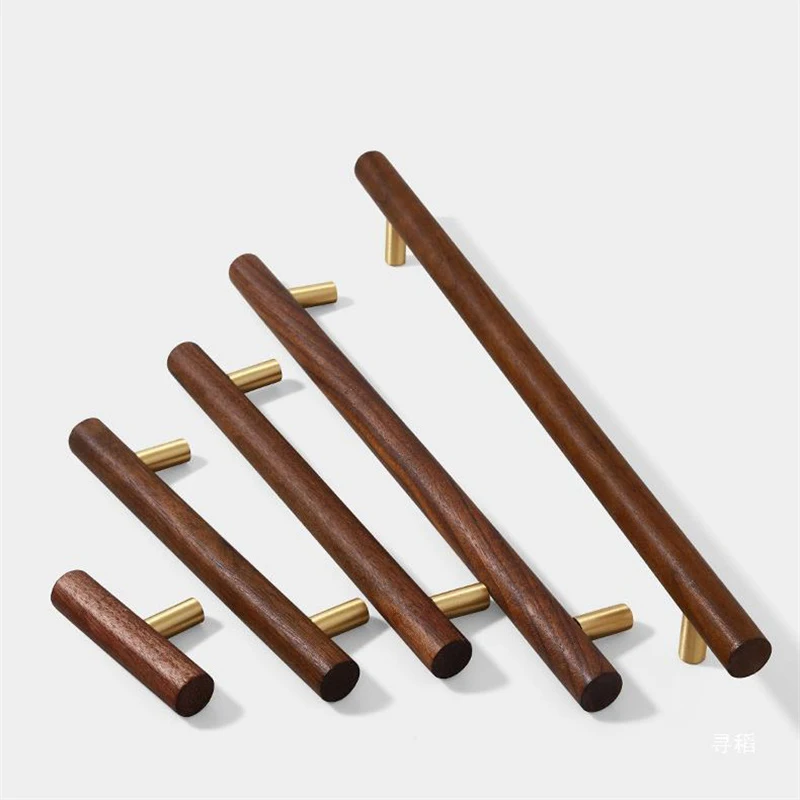 Nordic Walnut Wood Handle T bar Drawer Knobs Cupboard Long Pulls Kitchen Cabinet Door Handles Furniture Decorate Pulls and Knobs