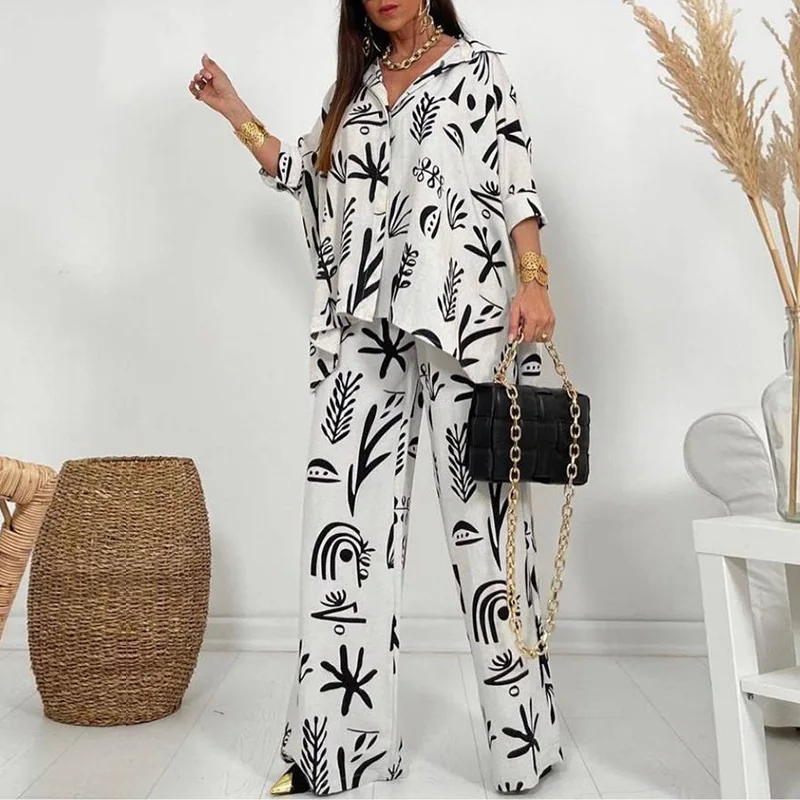 Women's Fashion Casual Set Straight Pants Loose Button Shirt Two-Piece