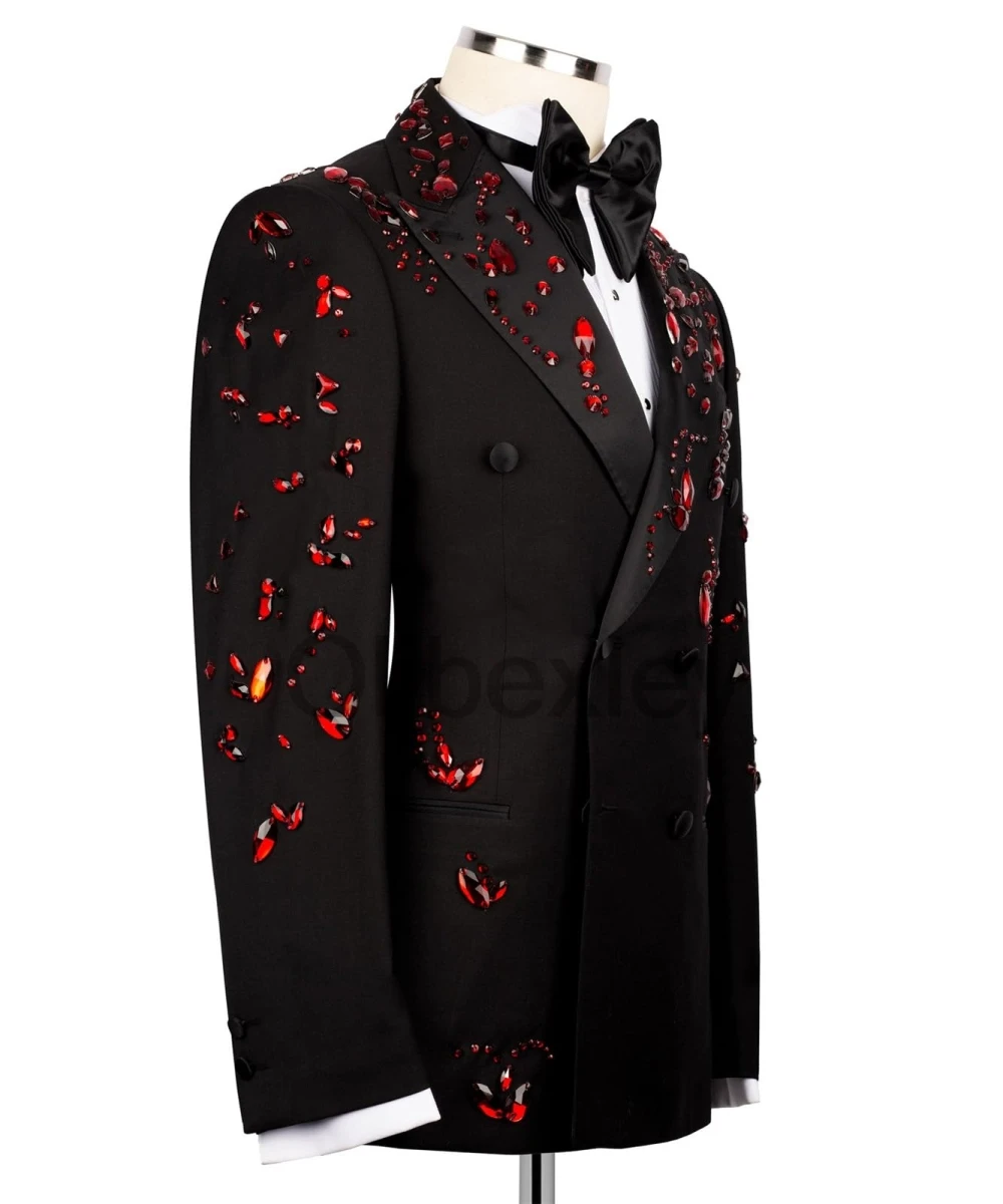 Olibexley Luxury Men's 2 Piece Suit Slim Double Breasted Beads Crystal Wedding Tuxedo Blazer Jacket Pants Set Customized S367